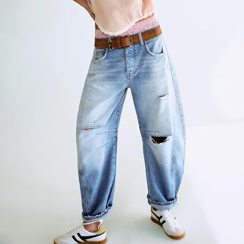 utcoco Womens Mid Rise Barrel Jeans Y2k Baggy Boyfriend Distressed Ripped Jeans Wide Leg Denim Pants4