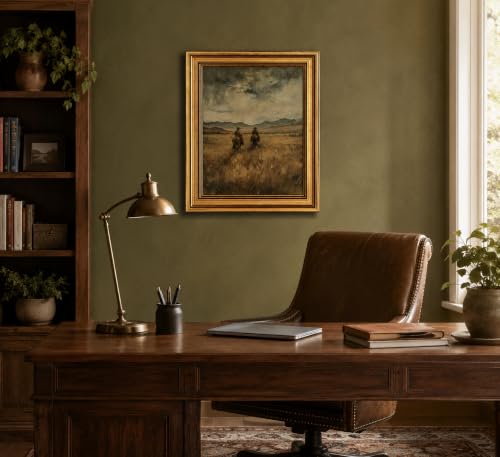 Image of Gold Framed 3D Textured Wall Art, Vintage Western Cowboy Horse Canvas Prints, Wild West Mountain Landscape Pictures Decor, Mid-Century Equestrian Gallery Artwork for Living Room Office 16x12 in