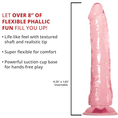 Image of Adam & Eve Pink Jelly Realistic Dildo Suction Cup Base Hands Free Play Flexible Shaft Textured Veins for Added Stimulation Harness Compatible Waterproof Beginner and Couples Friendly 8.25 Inch