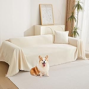 MYSKY HOME Beige Couch Covers Boho Style Chenille for 2 Cushion L-Shape Washable Couch Blanket with Tassel Pet Cushion Cover, 71″ X102