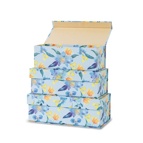 Soul Lane Blue and Yellow Decorative Storage Boxes with Lids Set of 3 Sunlit Garden Delight Floral Memory Keepsake Boxes with Magnetic Closure Cardboard Storage for Photos Organizing Gifts