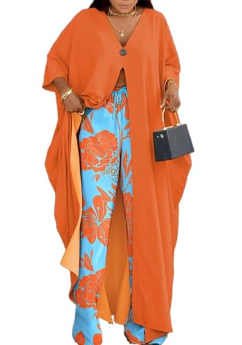LROSEY Summer Floral Two Piece Sets Wide Leg Pants Suit for Women Casual Plus Size African Attire Outfits Orange