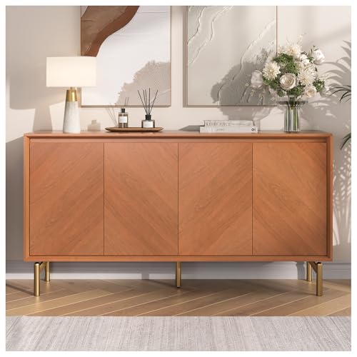 Image of JOINICE 59 inch Sideboard Buffet Cabinet with Storage for Dining Room,Walnut | Adjustable Shelf,Versatile Credenza for Dining Room,Metal Legs, Living, Kitchen Coffee Bar and Entryway Console