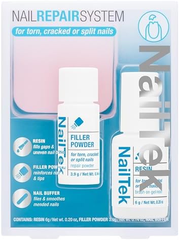 Nail Tek Nail Repair Kit for Torn, Cracked & Split Damaged Nails – Strengthener with Resin, Filler Powder & Buffer, Manicure Care Set, 1 Pack