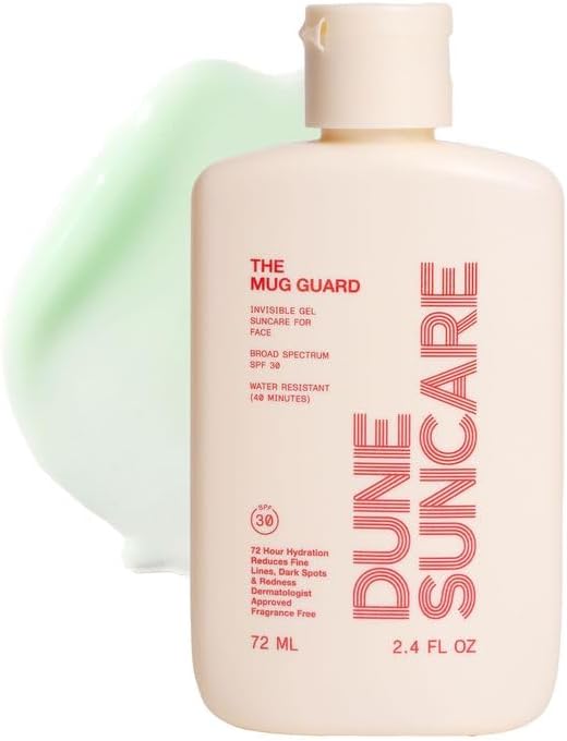 DUNE The Mug Guard Face Sunscreen SPF 30, Reef Safe Broad Spectrum for Face, Invisible Gel Sunscreen, Fragrance Free & Non Greasy Daily Facial Sunscreen, 72 Hour Hydration, Water Resistant, 2.4 Fl Oz