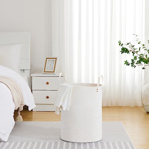 Image of VIPOSCO 58L Tall Woven Rope Laundry Hamper, Leather Handles, White