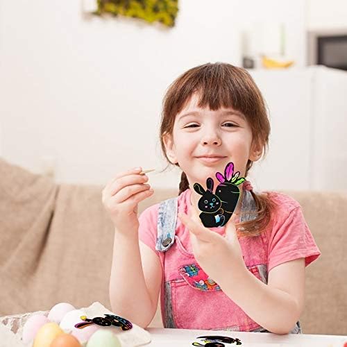 LANMOK [108pcs] Bunny Scratch Art Paper 48pcs Rainbow Rabbit Scratch Papers Black Doodle Pad Magic Painting Board DIY Craft with 12pcs Wooden Stylus 48pcs Satin Ribbons for Easter Kids Students
