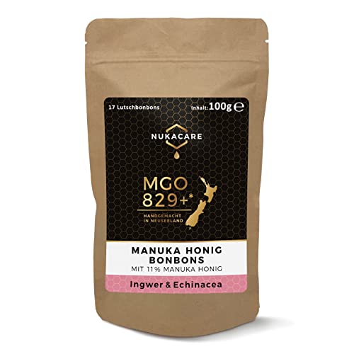 NUKACARE - MGO 829+ Ingwer & Echinacea Bonbons 100g | 100% Pur aus Neuseeland mit MGO-zertifiziertem Premium Manuka Honig | Wohltuend für den Hals Cover