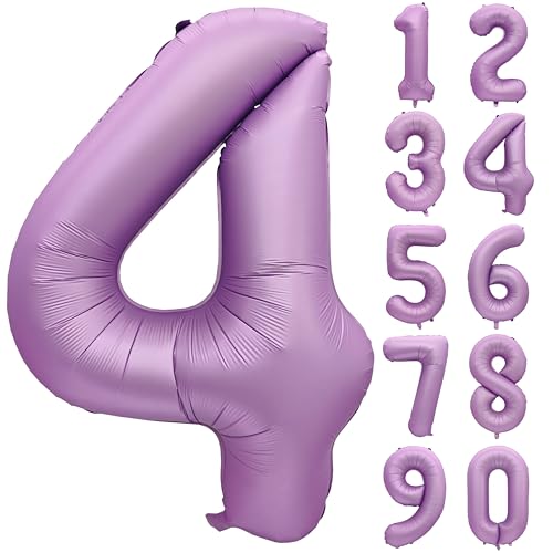 Image of 40 inch Matte Lavender Purple Birthday Number 4 Helium Foil Mylar Balloon | Helium Foil Mylar Four Balloon Purple Birthday Party Decorations Suitable 4st 4th Birthday Parties, Anniversary Celebration