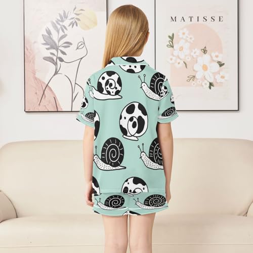 Satin Pajama Sets Short Sleeve Cute Cow Snail Pattern Button Down Silky Nightwear 2 Piece PJS 5-14Y4