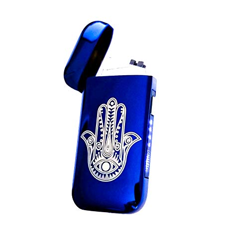 Vizliter Electronic Dual Arc Lighter, Electric Lighter Rechargeable, Flameless, Elegant Slick Design, Windproof and Splashproof Blue Hamsa Hand Talisman Fatima