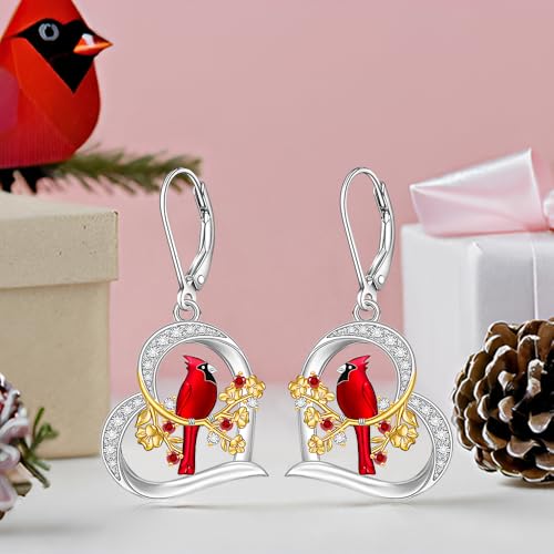 Cardinal Earrings for Women Sterling Silver Heart Red Cardinal Earrings Dangle Leverback Christmas Gifts4