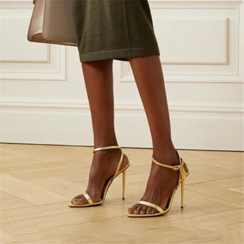 Women’S Fashion Gladiator Sandals Gold Padlock Detail One Word Buckle Open Toe Thin Heels Ankle Strap Dress Sandals4