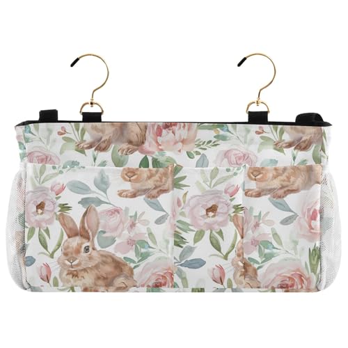 RunningBear Cute Rabbits Flowers Bedside Caddy Hanging Remote Caddy with 6 Pockets for Book Phone