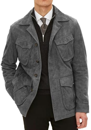 Mens Suede Leather Jacket Peaked Lapel Long Sleeve Solid Vintage Blazer with Pockets
