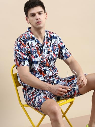 Image of SHOWOFFFF Men Printed Two-Piece Co Ords | Cuban Collar Half Sleeves Cotton Co-Ords for Mens | Mid-Rise Relaxed Fit Regular Length Co-Ord for Men's