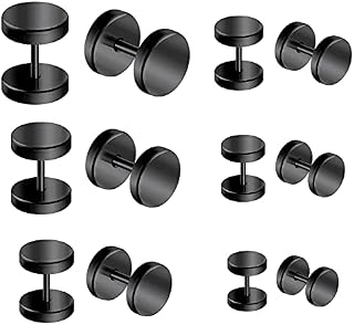 Briana Williams 6-8 Pairs Black Fake Plug Earrings Stainless Steel Faux Ear Plugs Gauges Screw Stud Illusion Tunnel for Men Women 4-14mm