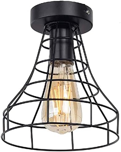 Mengjay Trade Retro Vintage Industrial Flush Mount Ceiling Light,Retro Pendant Lighting Hanging Ceiling Light Fixture Cage Lamp for Hallway Stairway Bedroom Kitchen (Bulb No Included) (Black) (F)