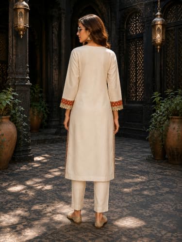 Image of Berrylicious Women Off White Sequinned And Hand Embroidered Kurta With Pant & Embroidered Dupatta | Ethnic Kurta Set | Casual & Office Wear
