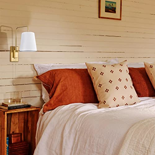 Image of Plug-in Wall Sconces Set of Two Swing Arm with Gold Fabric Shade