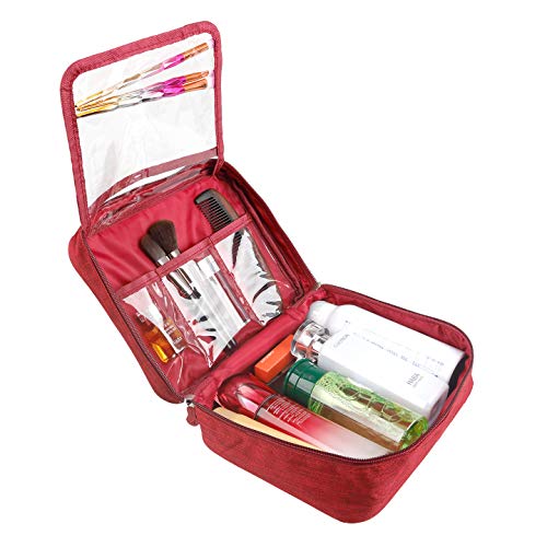 Portable Travel Makeup Cosmetic Bag Organizer Waterproof Toiletry Bags With Handle and Zipper (Medium, Red wine)