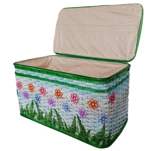 Baule Porta Biancheria in vimini rattan - Cesto Intrecciato con Fodera in Textilene - Contenitore Salvaspazio con Coperchio per Bagno, Camera e Lavanderia - 72x39x40 cm