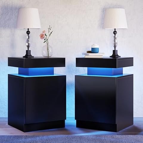 oneinmil Nightstand Set of 2 with LED Lights,Night Stand with Storage Cabinet for Bedroom,Bedside Table with LED, Black Cover