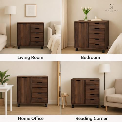Image of Naomi Home Rolling Storage Cabinet with 5 Drawers & Side Cabinet, Engineered Wood Organizer with Shelves, Handle-Free Design & Swivel Casters for Home Office, Kids Room & Entryway - Brown Oak