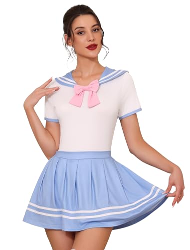 ABAFIP Women Cute Romper Dress Short Sleeve Pajama Bodysuit Pleated Skirt Sailor Outfits Nightwear set