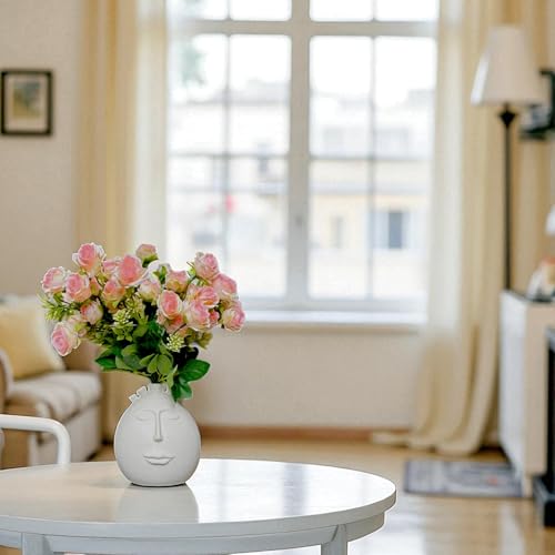 Image of Garden Art Artificial Small Rose Flower Bunch (Pack of 1) | 5 Heads with 15 Flowers & Buds, 35 cm Faux Rose Bouquet for Home Decor, Wedding & Table Decoration (White Shaded)