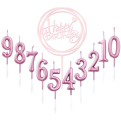 10 velas de cumpleaños 0-9 para tartas + letra de ¡feliz cumpleaños¡ con purpurina, número velas digitales para bodas (oro rosa)
