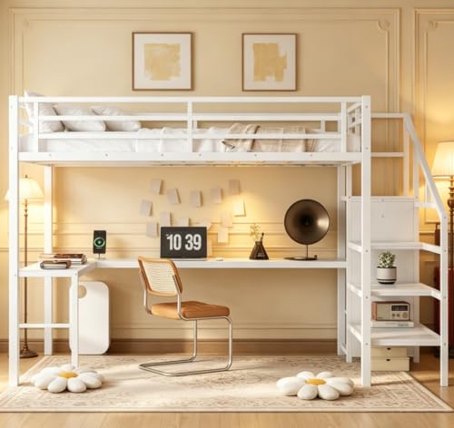 Image of Bellemave Full Size Loft Bed with Desk and Wardrobe Storage Stairs and Wardrobe, LED USB, Loft Bed Full Size for Teens Metal, White