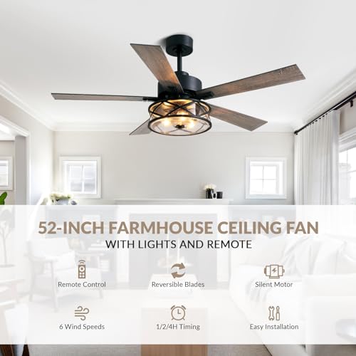 APBEAMLighting Farmhouse Ceiling Fans with Lights and Remote Control, 52 Inch Rustic Fandelier Ceiling Fan with Bubble Glass Shade 6-Speed Caged Ceiling Fan for Living Dining Room Bedroom,Walnut/Brown by APBEAMLighting - Image 2