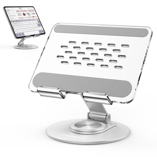 MoKo Acrylic Tablet Stand Holder - Adjustable iPad Stand with Aluminum 360° Rotating Base, Compatible with 4.7-12.9inch Device Such as iPad Pro 12.9, iPad Pro 11/10.9/10.2, iPad Air/Mini, Clear+Silver