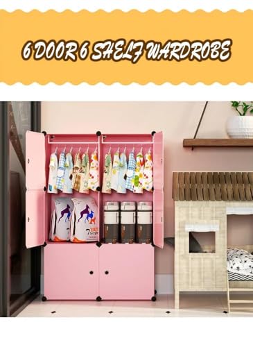 Image of Sunderlook Plastic Wardrobe for Kids Clothes - Professional Collapsible Wardrobe, Easy to Use Foldable Almirah, Plastic Cupboard for Kids for Home (Pink-X3, 6 Door)