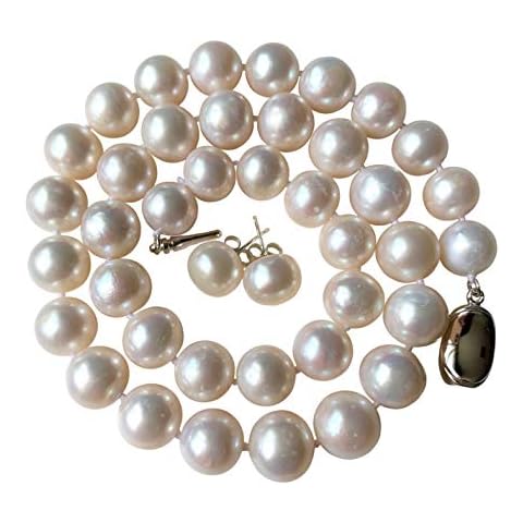 Pearl Romance ROUND 18 Inch Long Large White Strand Pearl Necklace Stud Earrings 2pc Set for Women Wedding Jewelry Brides Bridesmaids Genuine Cultured Freshwater 11mm 12mm Princess Length for Women Cover