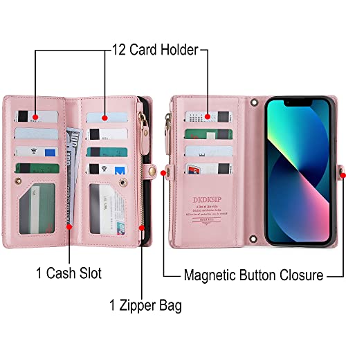 Dkdksip Wallet Case For Iphone 13 5G (6.1 Inch), Rfid Blocking 2 In 1 Detachable Folio Flip Magnetic Cover, Pu Leather Zipper Purse With Crossbody Wristlet Strap Card Holder For Iphone 13, Pink #TOP2