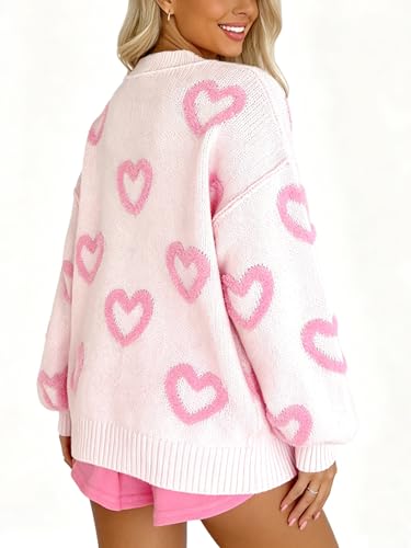 Image of Women's Cute Heart Sweater Love Print Valentine Romantic Knitted Top Casual Crewneck Long Sleeve Sweaters Pullover