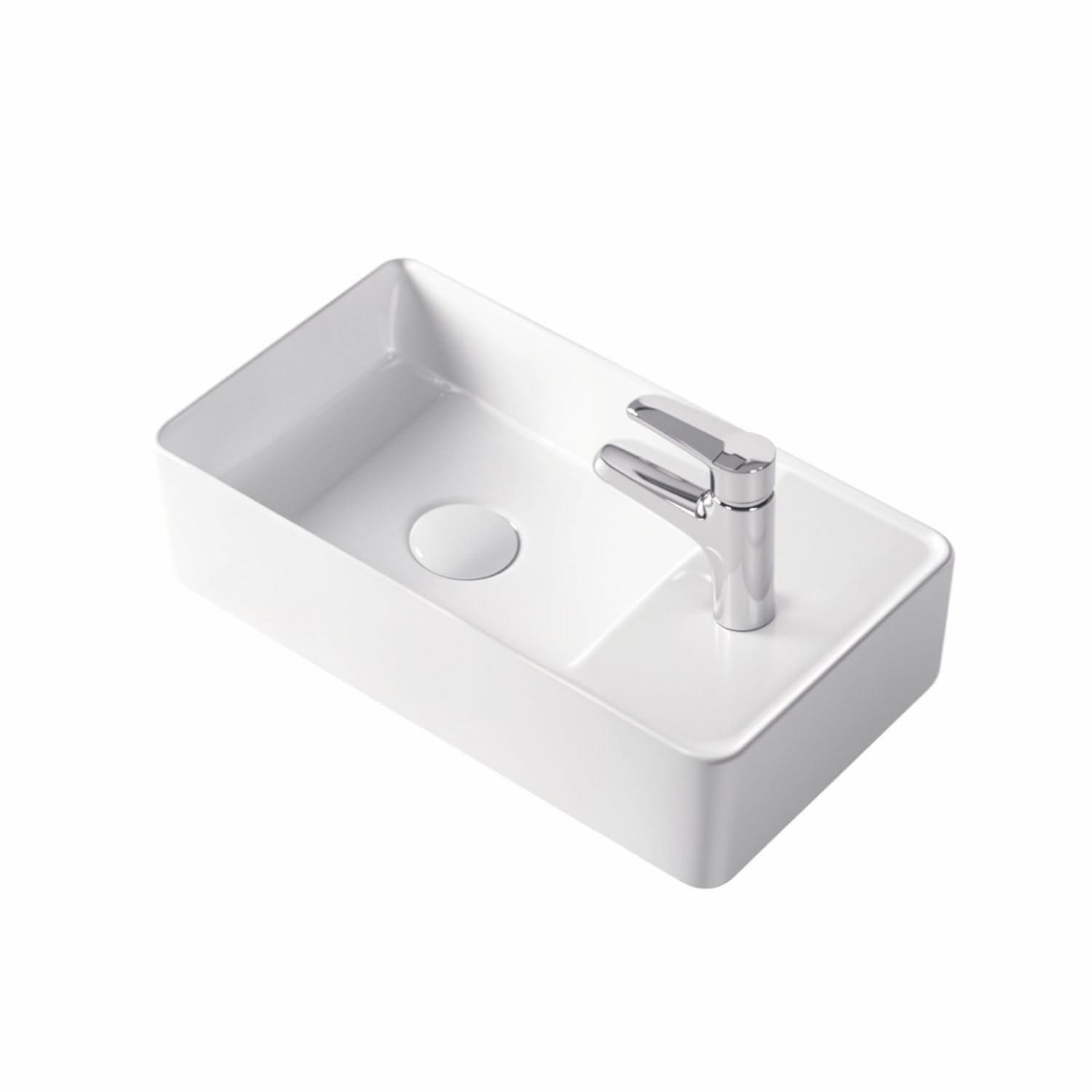 Lavabo de cerámica para invitados para montaje en pared o sobre encimera con orificio para grifo en 46 x 25 cm, en blanco brillante o negro mate