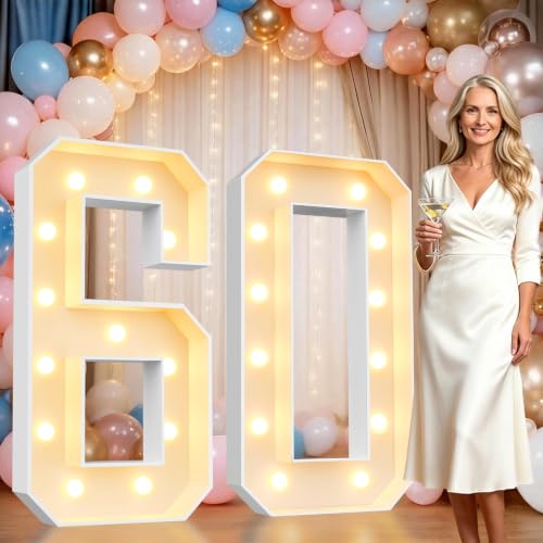 Image of Pooqla 4FT Marquee Numbers, Large Light Up Number 60th Birthday Party Decor | Warm White LED Marquee Light Up Numbers 4 Feet Tall, Party Decorations for 60th Birthday Anniversary Photo Backdrop