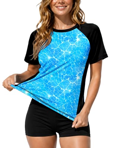 Image of AOBUTE Women Short Sleeve Rash Guard UPF 50+ Tropical Sun Protection Floral Swim Shirts
