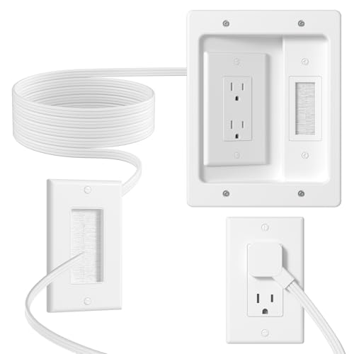 CIRKULYX in Wall Cable Management Kit with Brush Wall Plate TV Wire Hider for Wall 2AC Recessed Outlet Box 9.8ft Cord for TV Gaming Consoles Soundbars Home Theater Setups (AC kit)