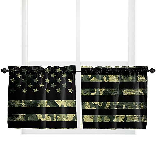 Jolunifun Kitchen Curtain 36 Inch Length, Green Camouflage American Flag, Small Short Cafe Tiers Curtains Drape, 2 Panels Window Treatment Rod Pocket Drapery Curtains 55x36