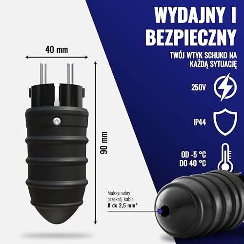 Poppstar wtyczka Schuko 250V z zabezpieczeniem przeciwzgięciowym, (2-biegunowa, 230V, 16A, IP44), wodoodporna do użytku na zewnątrz, czarna