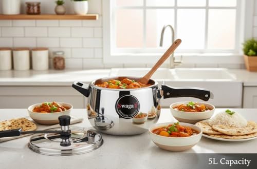 Image of SwagaT Triply Stainless Steel Inner-Lid Pressure Cooker, 5 Litres, ISI Certified, Induction /Gas /Halogen /Ceramic /Electric Compatible