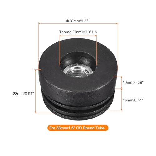 Image of uxcell 4Pcs Plastic Threaded Tube Inserts with M10 Thread, for 38mm /1.5 inch OD Round Tube, Adjustable Round Black Plastic Plug Caster Insert Chair End Caps Furniture Leg Plug