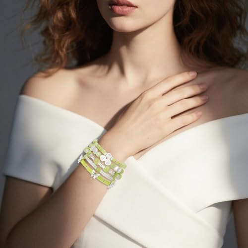 Besydec Stackable Boho Beaded Bracelets With Natural Stone & Pearl Heart & Clay Beads for Women,Adjustable Silver Jewelry3