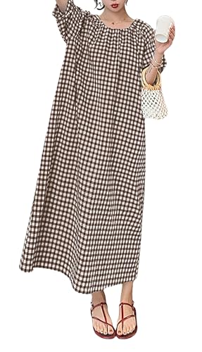 Image of chouyatou Women's Casual Gingham Loose-Fit Swing Dress Cotton Lantern Puff Sleeve Plaid Midi Long Dress