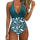GLDFW - Traje de baño con control de abdomen para verano, sexy, cruzado, a rayas, una pieza, cuello halter, fruncido, espalda descubierta, traje de baño, azul, S