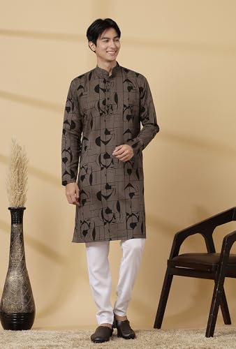 Image of Majestic Man Men's Cotton Regular Fit Casual Mandarin Collar Ethnic Motifs Printed Long Regular Kurta